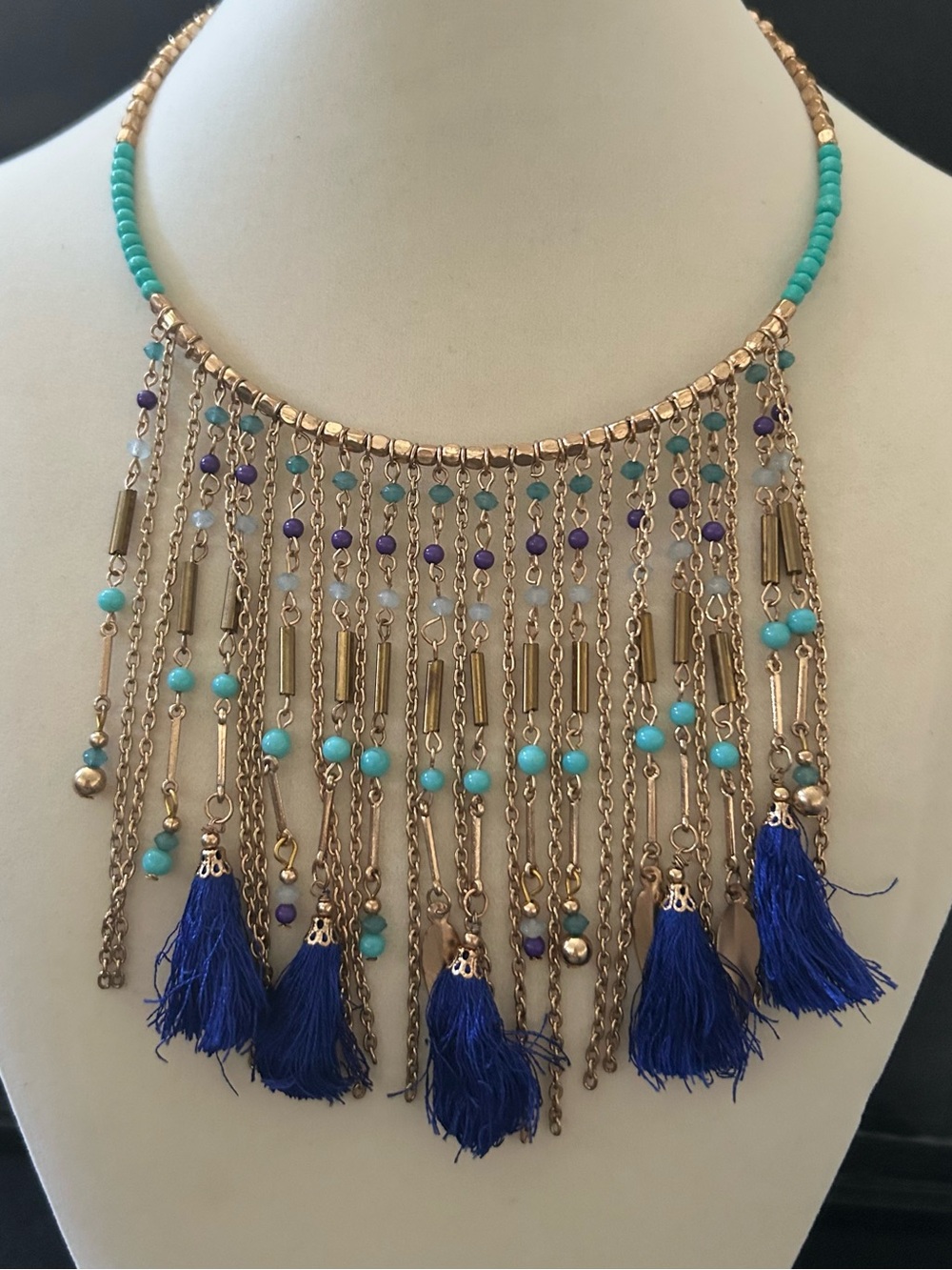 Gold & Blue Tassel Beaded Fringe Beaded Choker Necklace